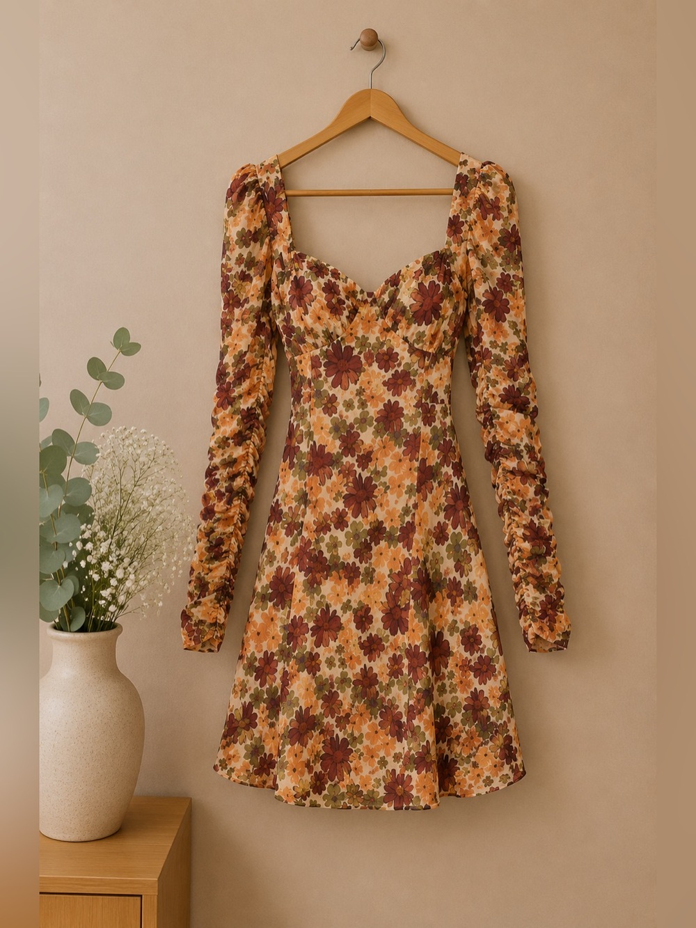 Floral Ruche Bodice Peasant Cottagecore Mini Dress Long Sleeve Style Womens M